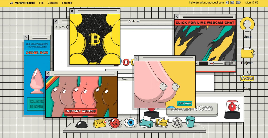 Grafik pokazuje portfolio w pomysłowy i efektowny sposób. Stworzył stronę imitującą system operacyjny