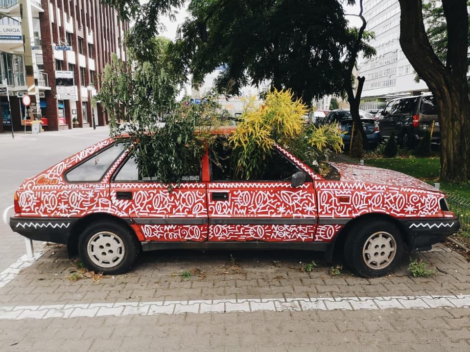 Słynny poznański streetartowiec wypełnił porzucony wrak samochodu roślinami. Efekt jest świetny