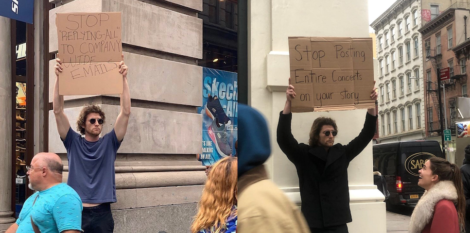 Nowojorczyk pozuje na ulicy ze sloganami mówiącymi o tym, co go irytuje. Zdobył wielką sławę