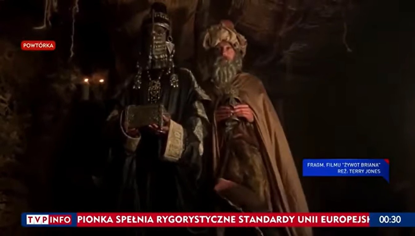 „Wiadomości" TVP.  Scena z filmu Monty Pythona w materiale o Gwieździe Betlejemskiej