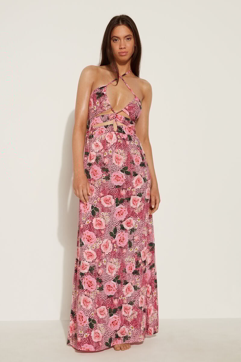 Długa, wzorzysta sukienka z wycięciami